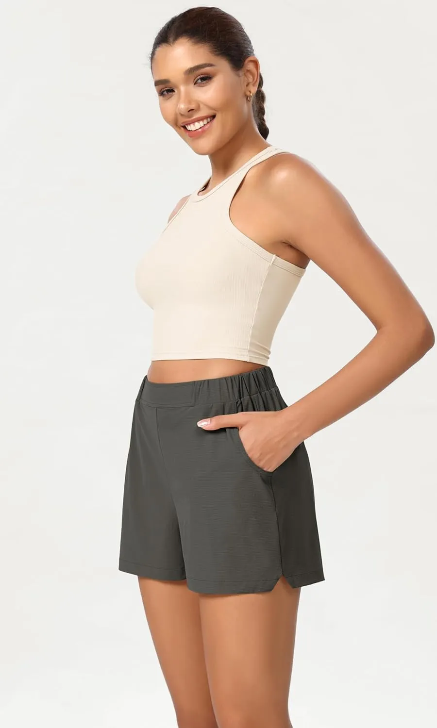 ODODOS Stretch Woven Relaxed Shorts for Women Elastic High Waist Summer Lightweight Casual Shorts with Pockets