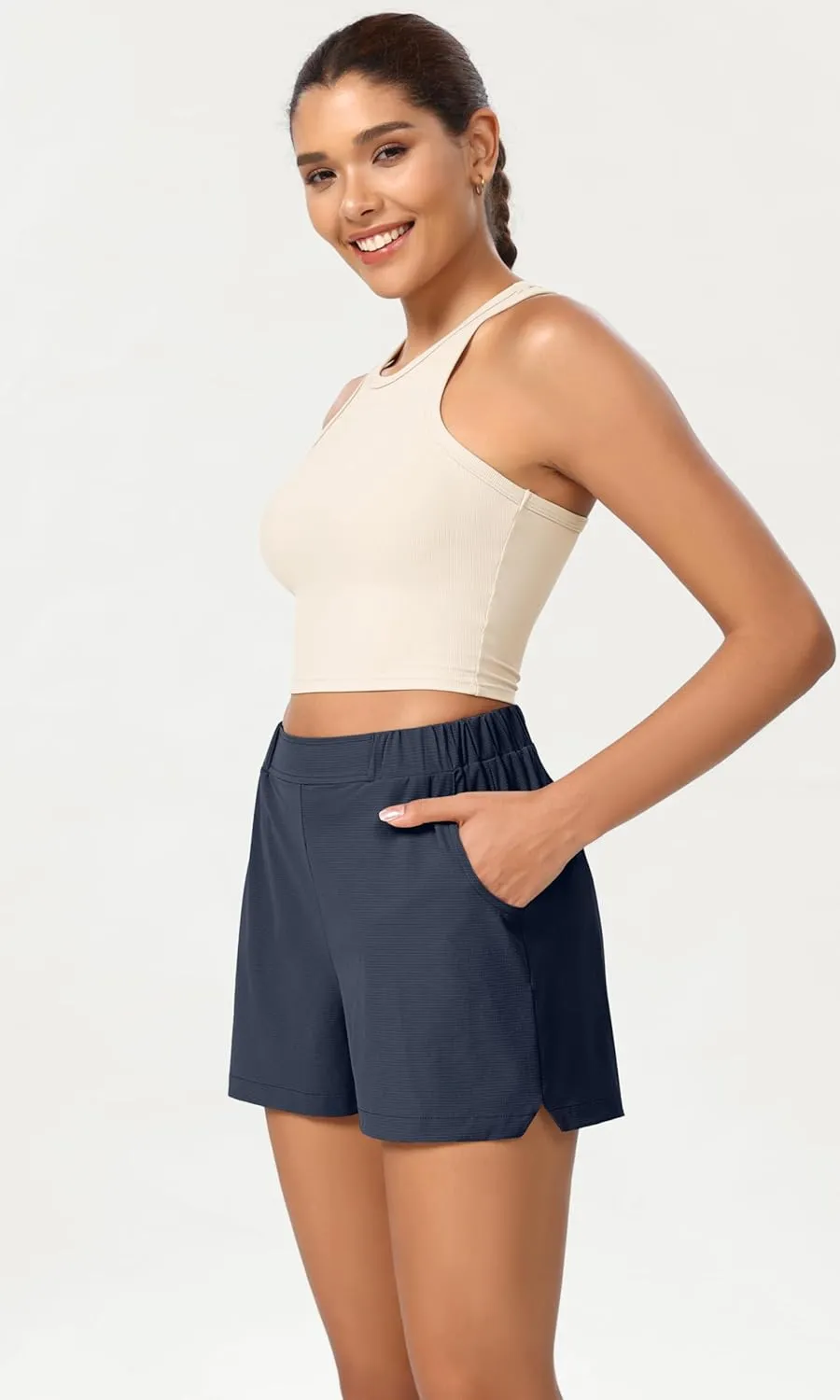 ODODOS Stretch Woven Relaxed Shorts for Women Elastic High Waist Summer Lightweight Casual Shorts with Pockets