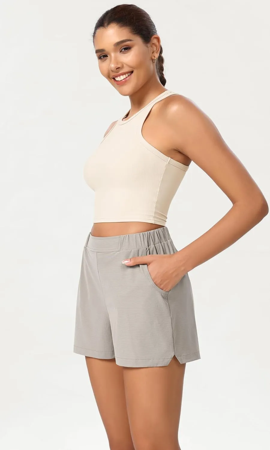 ODODOS Stretch Woven Relaxed Shorts for Women Elastic High Waist Summer Lightweight Casual Shorts with Pockets