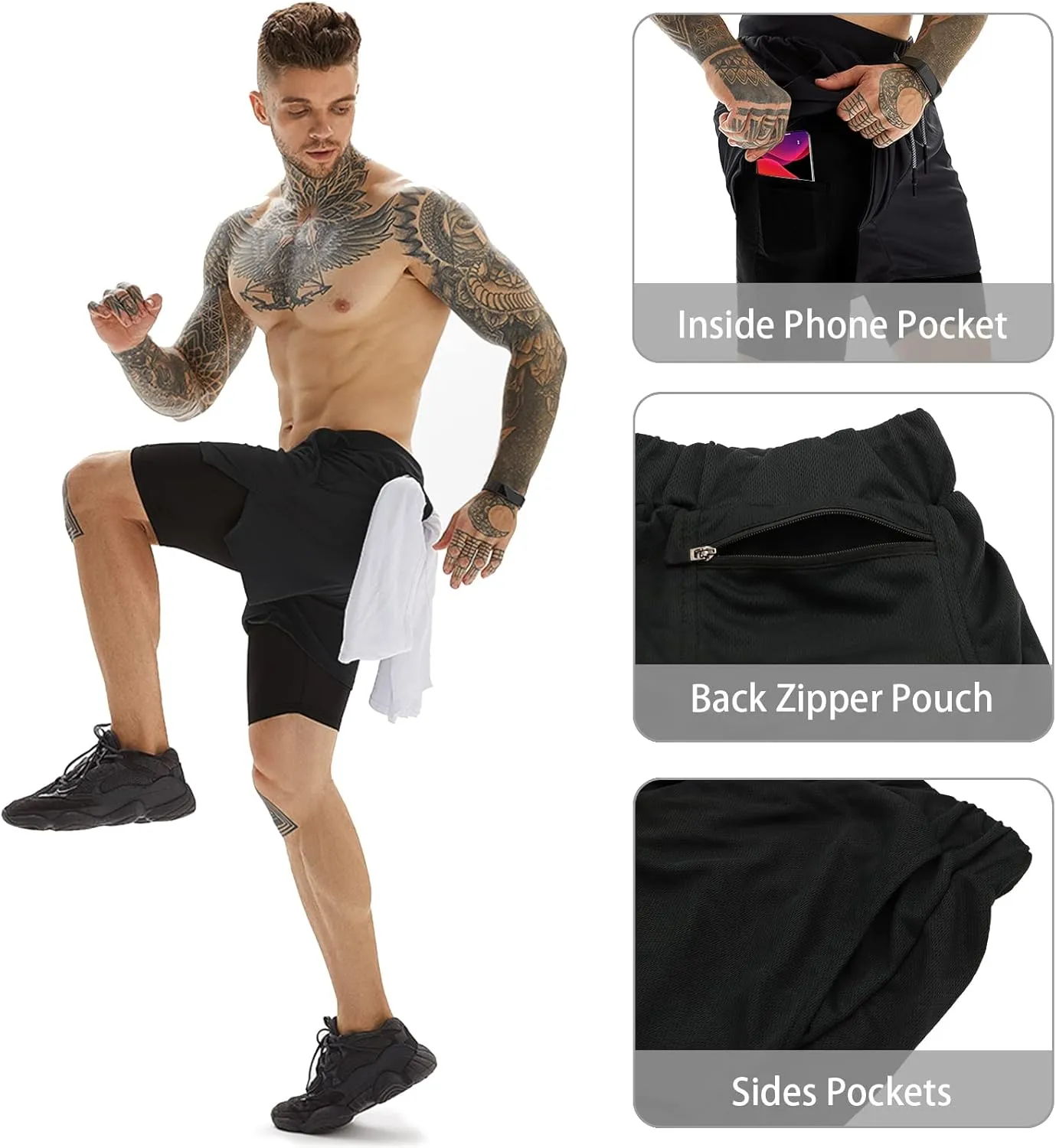 OEBLD Mens Athletic Shorts 2-in-1 Gym Workout Running 7'' Shorts with Towel Loop