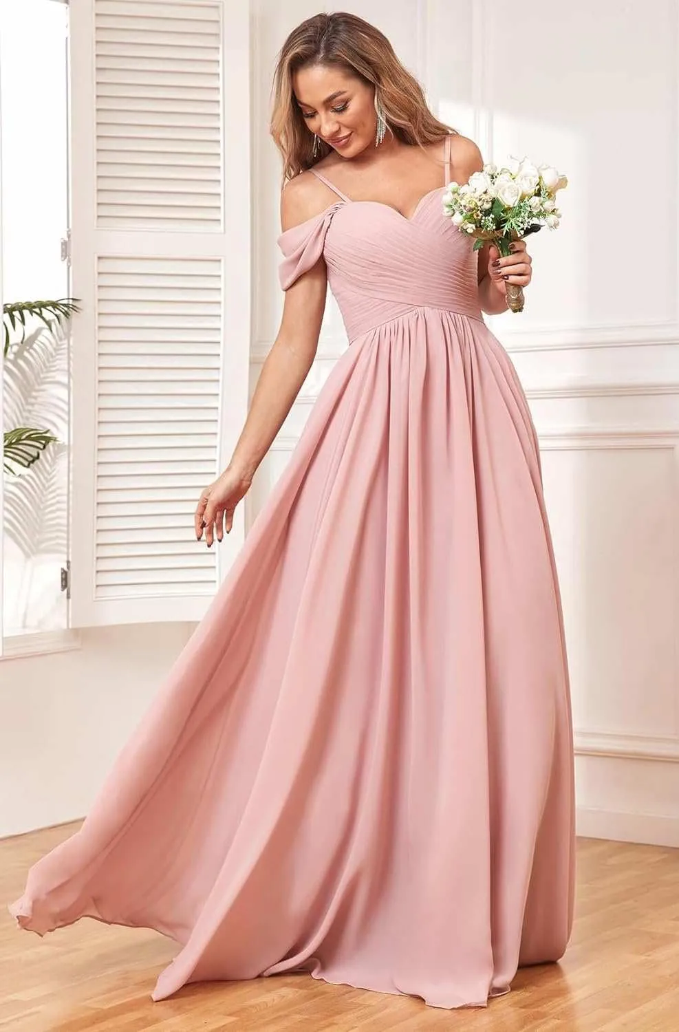 Off The Shoulder Bridesmaid Dresses 2025 with Pockets Long Chiffon Pleated Formal Dress for Women