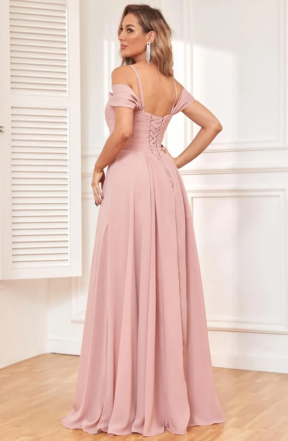 Off The Shoulder Bridesmaid Dresses 2025 with Pockets Long Chiffon Pleated Formal Dress for Women