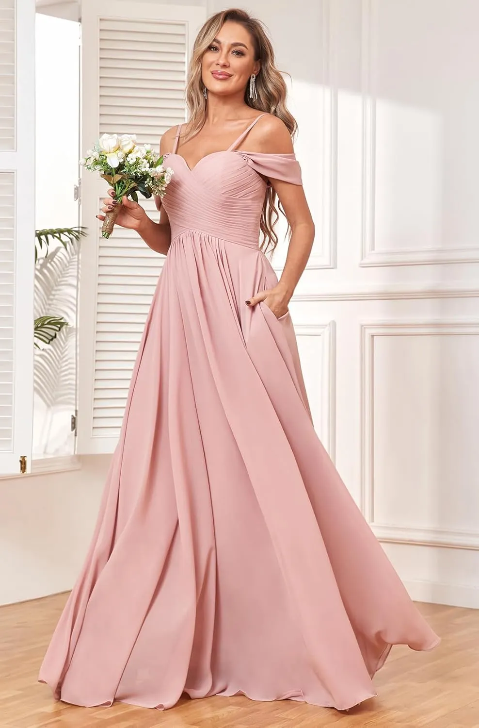 Off The Shoulder Bridesmaid Dresses 2025 with Pockets Long Chiffon Pleated Formal Dress for Women