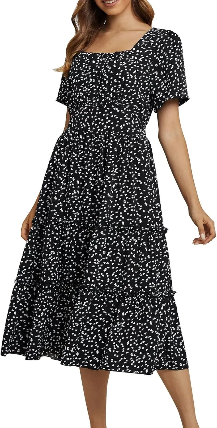 Ollysqiar Dresses Women's 2023 Floral Summer Dress Wrap V Neck Short Sleeve Belted Ruffle Hem A-Line Bohemian Dresses A02 1