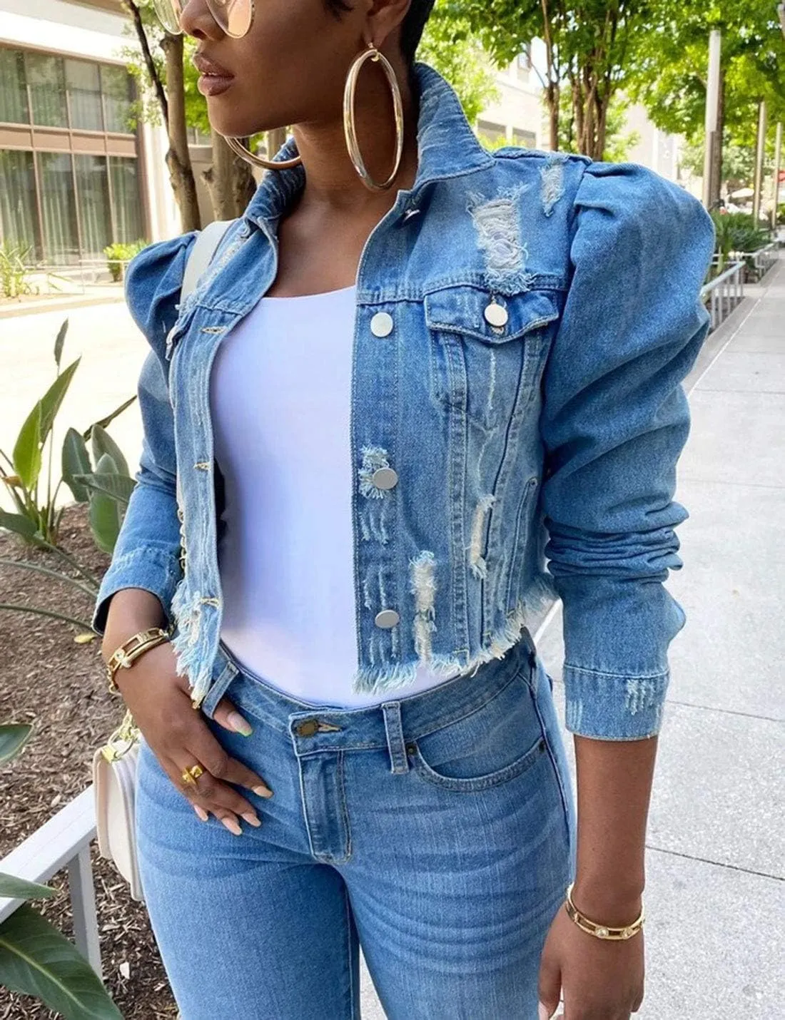 Omoone Women's Ripped Puff Sleeve Denim Crop Top Long-Sleeve Cropped Jean Jacket