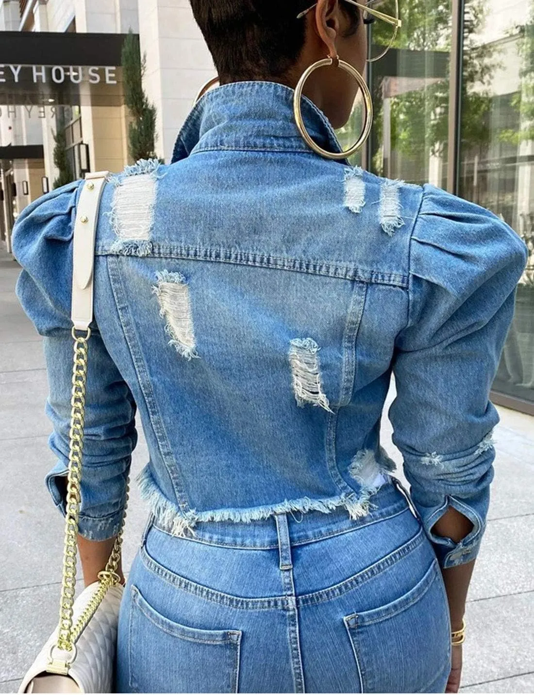 Omoone Women's Ripped Puff Sleeve Denim Crop Top Long-Sleeve Cropped Jean Jacket