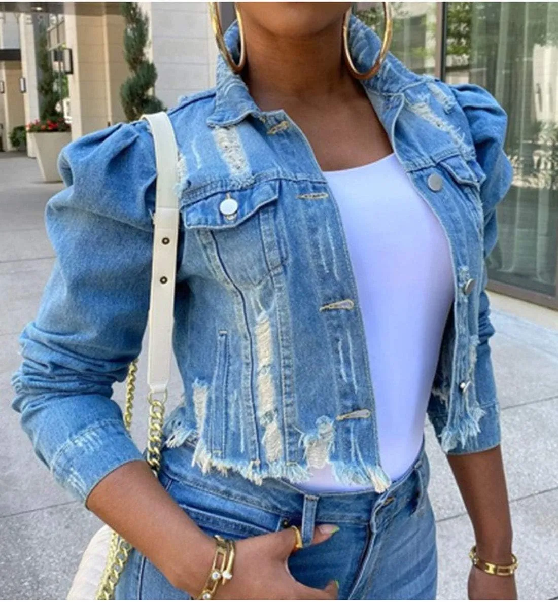 Omoone Women's Ripped Puff Sleeve Denim Crop Top Long-Sleeve Cropped Jean Jacket
