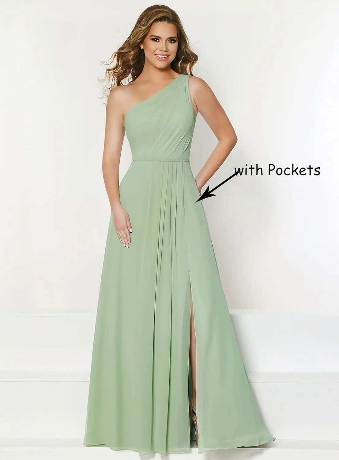 One Shoulder Bridesmaid Dresses for Wedding Long Chiffon Slit Formal Dress with Pockets