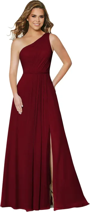 One Shoulder Bridesmaid Dresses for Wedding Long Chiffon Slit Formal Dress with Pockets