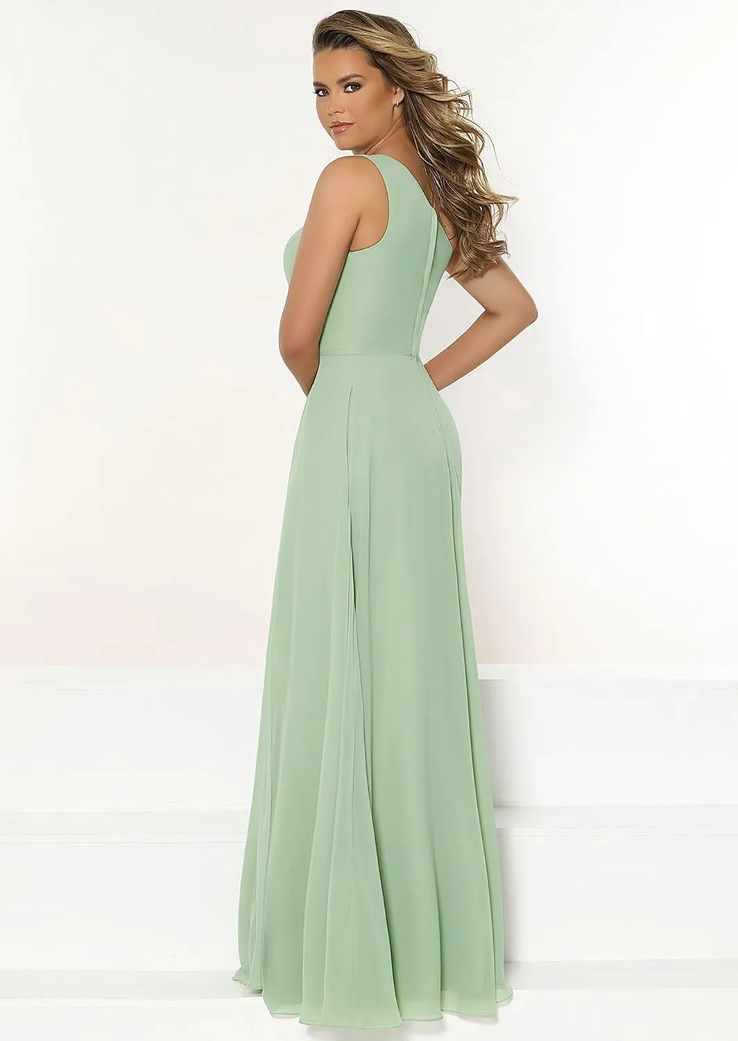 One Shoulder Bridesmaid Dresses for Wedding Long Chiffon Slit Formal Dress with Pockets