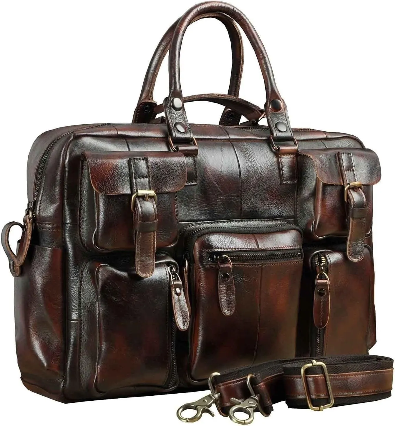 Original Leather Mens Briefcase, Business Laptop Bag, Commercial Document Case with Removable Straps