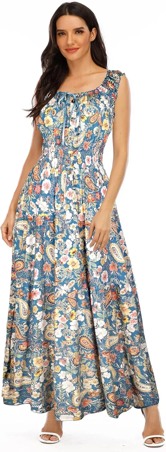 OSTOO Women's 2025 Summer Boho Floral Print Tiered Casual Flowy Long Maxi Dress