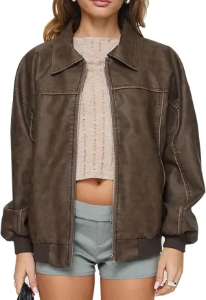Owl's-Yard Women Leather Biker Jacket Long Sleeves Zip Up Motorcycle Jacket PU Moto Varsity Bomber Jackets Streetwear