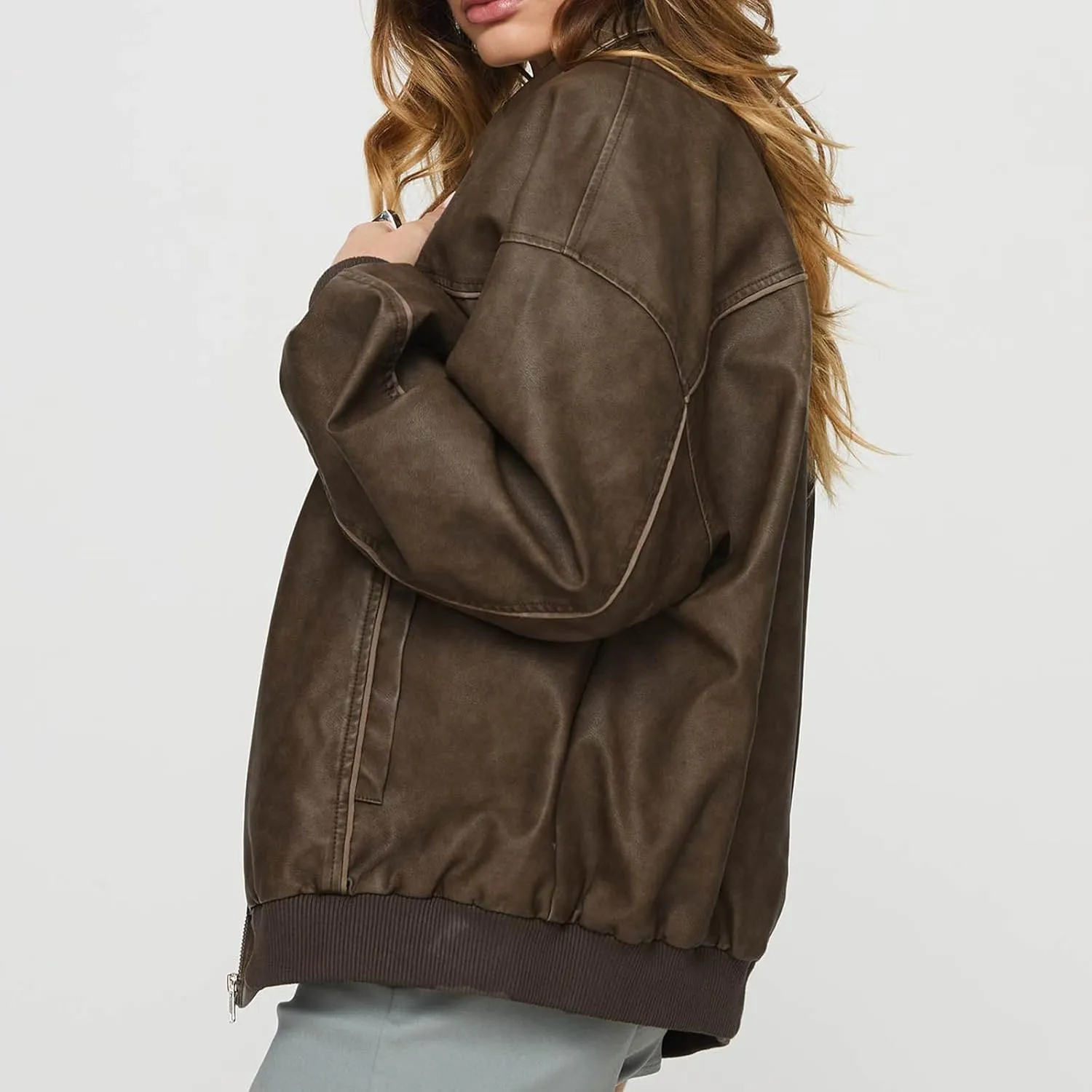 Owl's-Yard Women Leather Biker Jacket Long Sleeves Zip Up Motorcycle Jacket PU Moto Varsity Bomber Jackets Streetwear