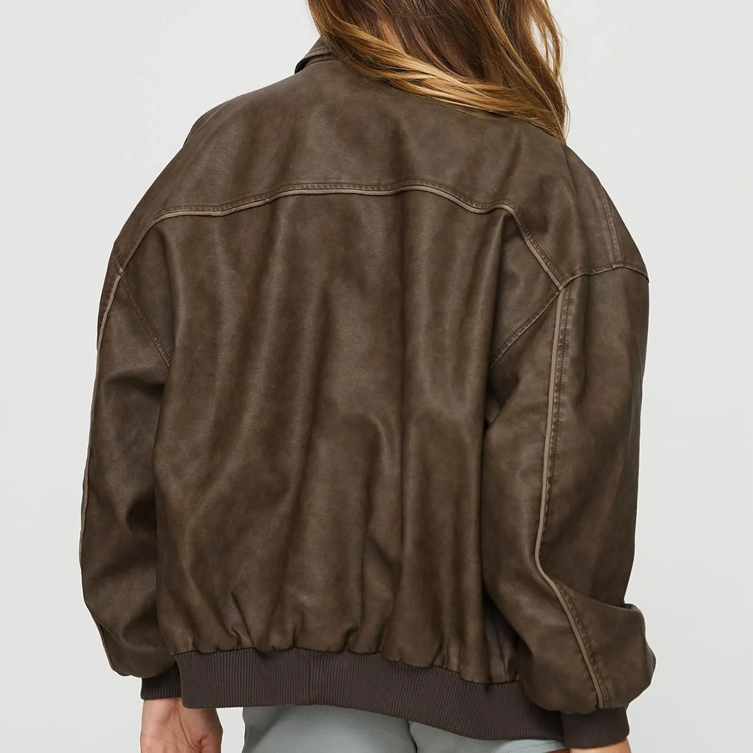 Owl's-Yard Women Leather Biker Jacket Long Sleeves Zip Up Motorcycle Jacket PU Moto Varsity Bomber Jackets Streetwear
