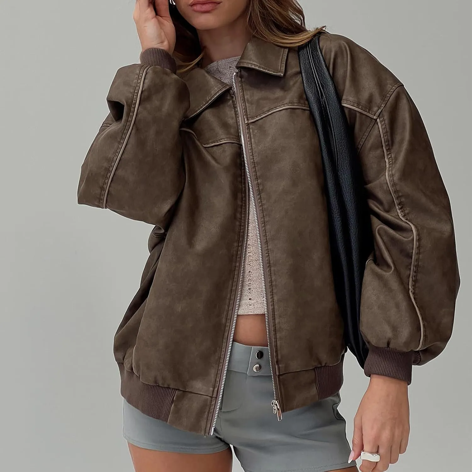 Owl's-Yard Women Leather Biker Jacket Long Sleeves Zip Up Motorcycle Jacket PU Moto Varsity Bomber Jackets Streetwear