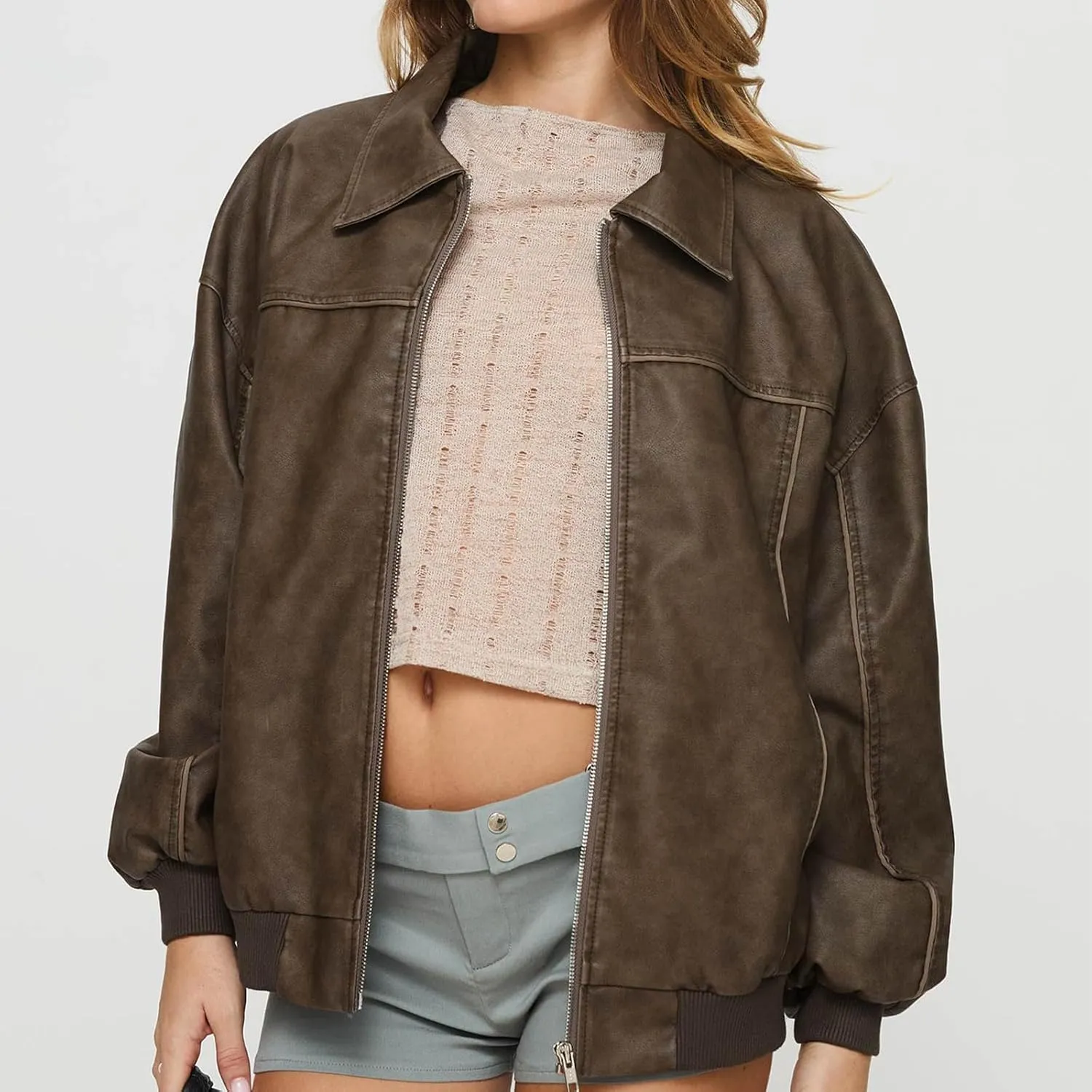 Owl's-Yard Women Leather Biker Jacket Long Sleeves Zip Up Motorcycle Jacket PU Moto Varsity Bomber Jackets Streetwear