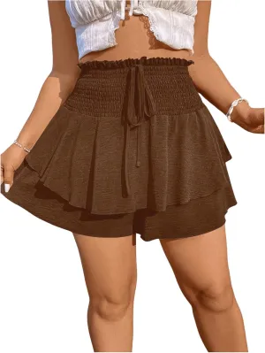 OYOANGLE Women's Plus Size Smocked Tiered Ruffle Flowy Shorts Drawstring Elastic Waist Wide Leg Shorts