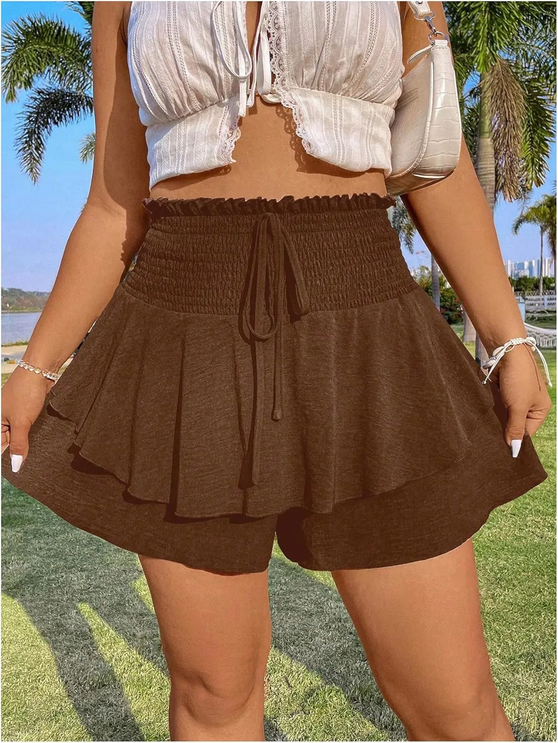 OYOANGLE Women's Plus Size Smocked Tiered Ruffle Flowy Shorts Drawstring Elastic Waist Wide Leg Shorts