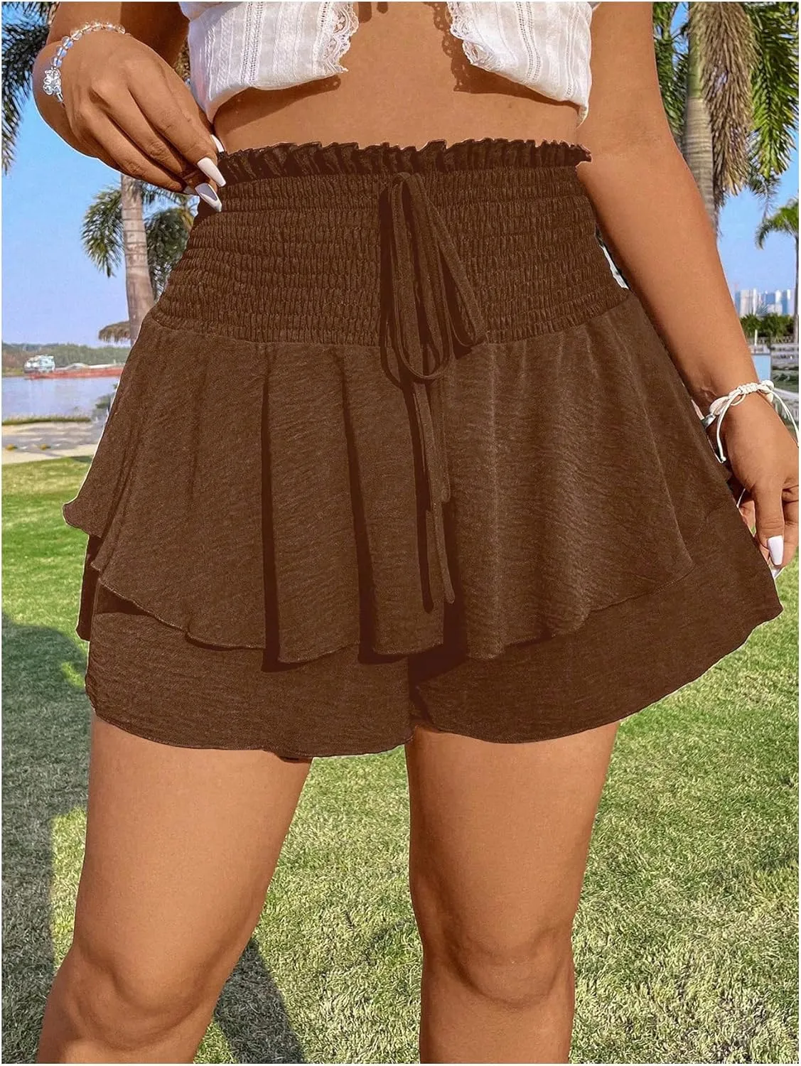 OYOANGLE Women's Plus Size Smocked Tiered Ruffle Flowy Shorts Drawstring Elastic Waist Wide Leg Shorts