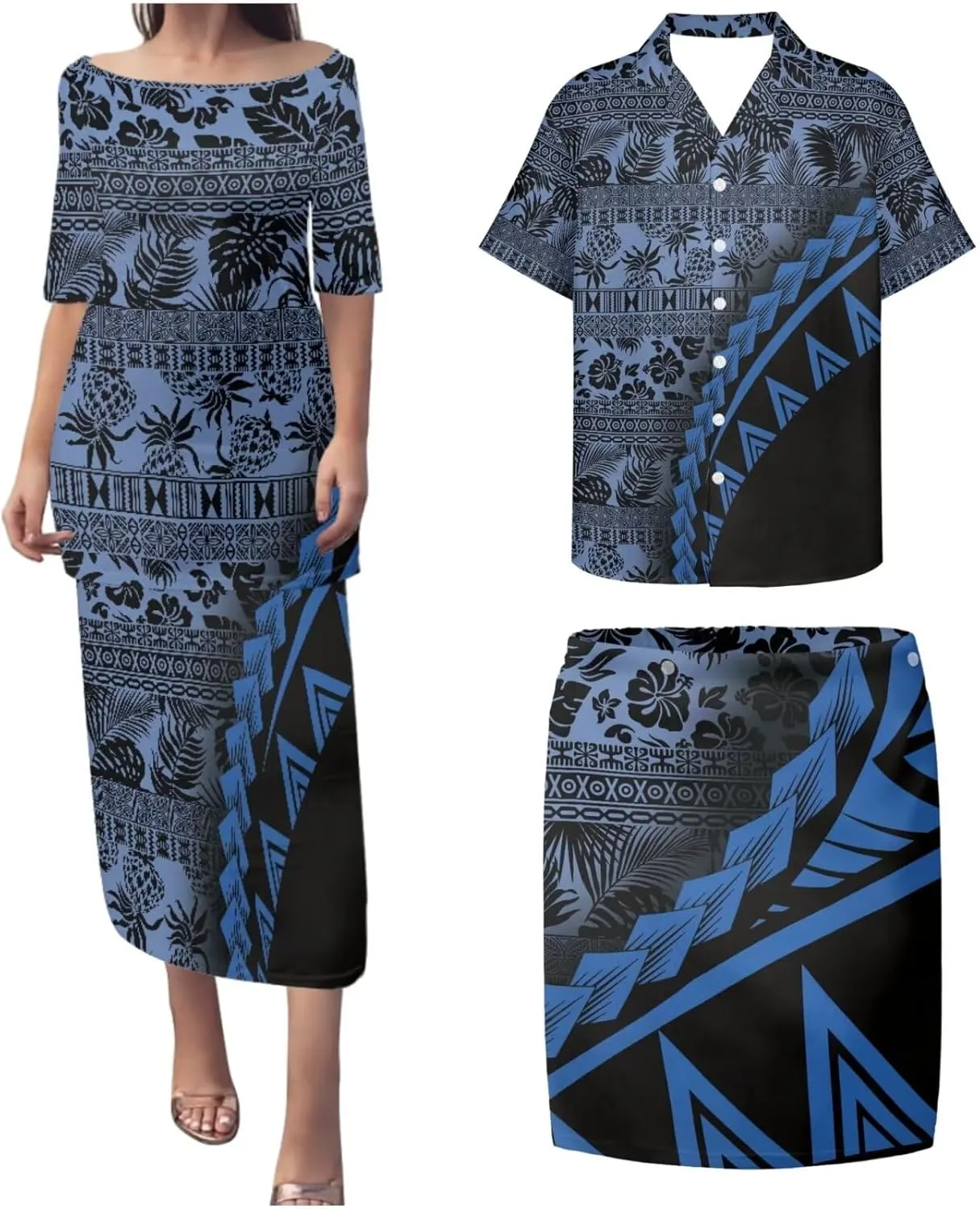 Plus Size Couple Outfit Sets Polynesian Tapa Puletasi Samoan Women Dress and Men Shirts Lavalava Couple Sets