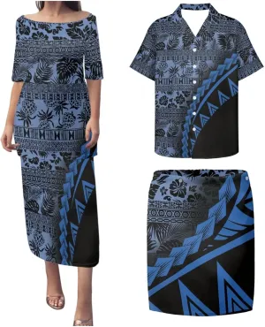 Plus Size Couple Outfit Sets Polynesian Tapa Puletasi Samoan Women Dress and Men Shirts Lavalava Couple Sets
