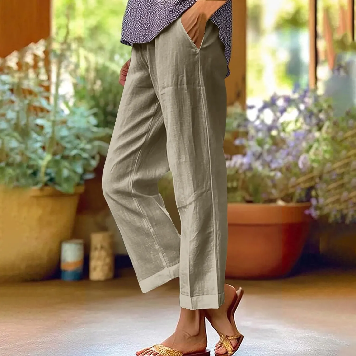Plus Size Linen Pants for Women Casual Elastic High Waist Wide Leg Pant Lightweight Straight Trousers with Pockets