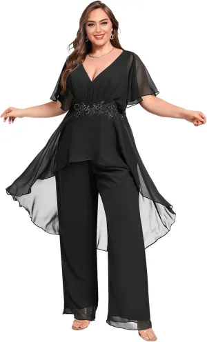 Plus Size Pantsuit Chiffon V Neck Mother of The Bride Pant Suits for Wedding Guest Formal Dresses Outfit Set