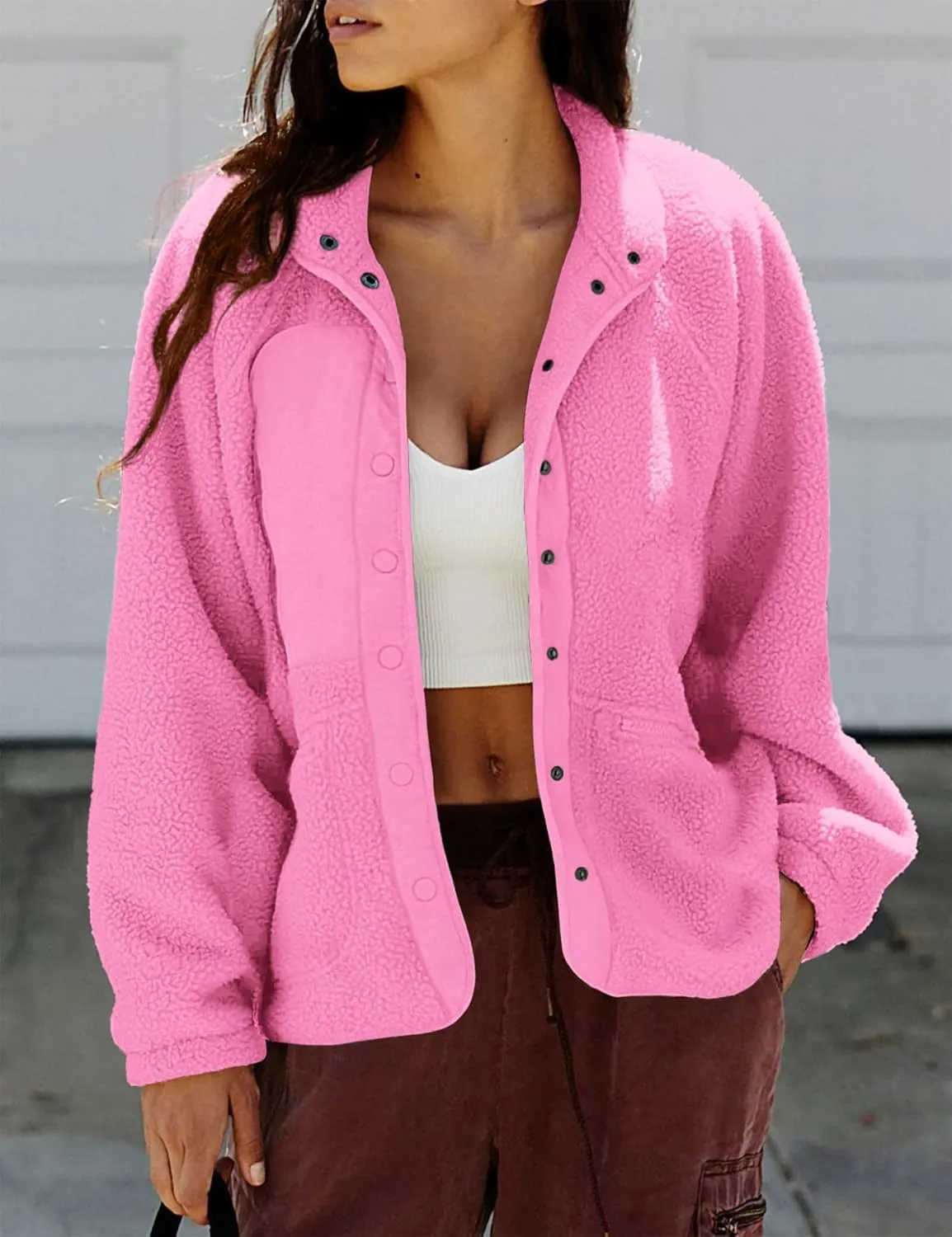 PRETTYGARDEN Women 2024 Fall Winter Fleece Jacket Long Sleeve Casual Button Fuzzy Sherpa Cropped Coats Outerwear with Pockets