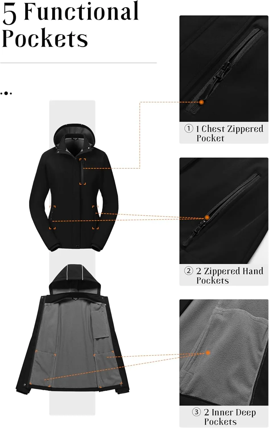 Pursky Women's Softshell Jacket Lightweight Fleece Lined Rain Jacket Waterproof Warm Windbreaker Coat With Removable Hood