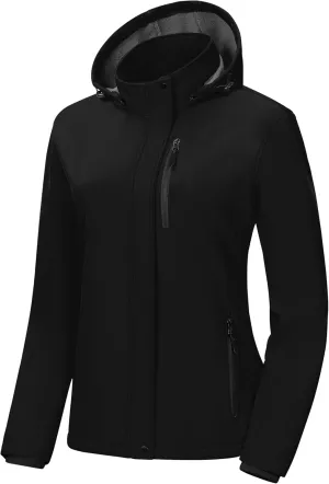 Pursky Women's Softshell Jacket Lightweight Fleece Lined Rain Jacket Waterproof Warm Windbreaker Coat With Removable Hood
