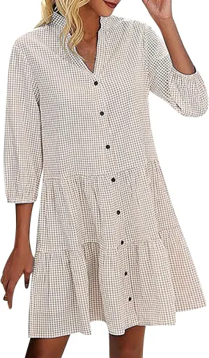 QIGUAND Women Button Down Gingham Shirt Dress 3/4 Sleeve V Neck Tiered Ruffle Tunic Dresses Summer Cute Plaid Mini Dress