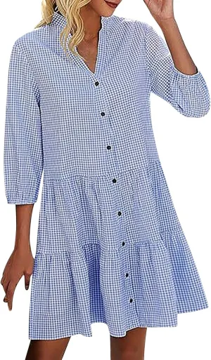 QIGUAND Women Button Down Gingham Shirt Dress 3/4 Sleeve V Neck Tiered Ruffle Tunic Dresses Summer Cute Plaid Mini Dress