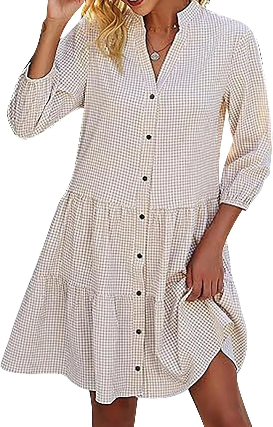 QIGUAND Women Button Down Gingham Shirt Dress 3/4 Sleeve V Neck Tiered Ruffle Tunic Dresses Summer Cute Plaid Mini Dress