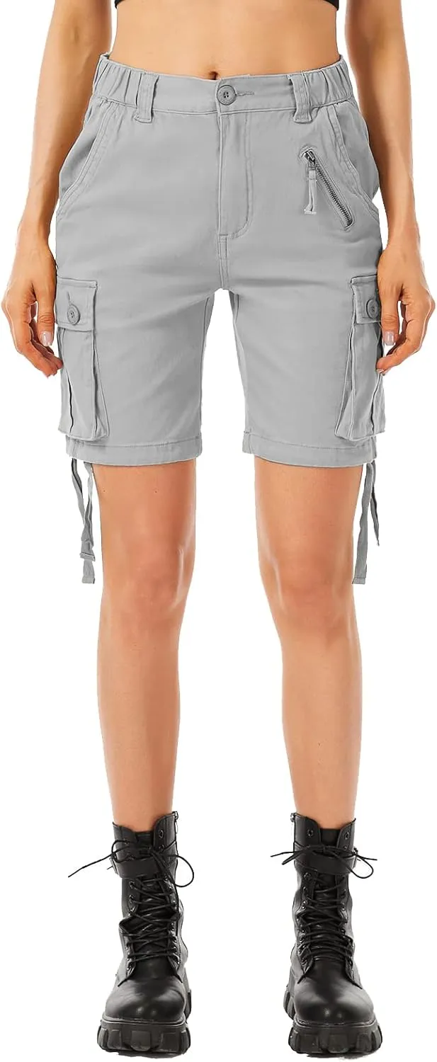 Raroauf Women's Cotton Casual Multi-Pockets Relaxe-Fit Twill Bermuda Cargo Shorts