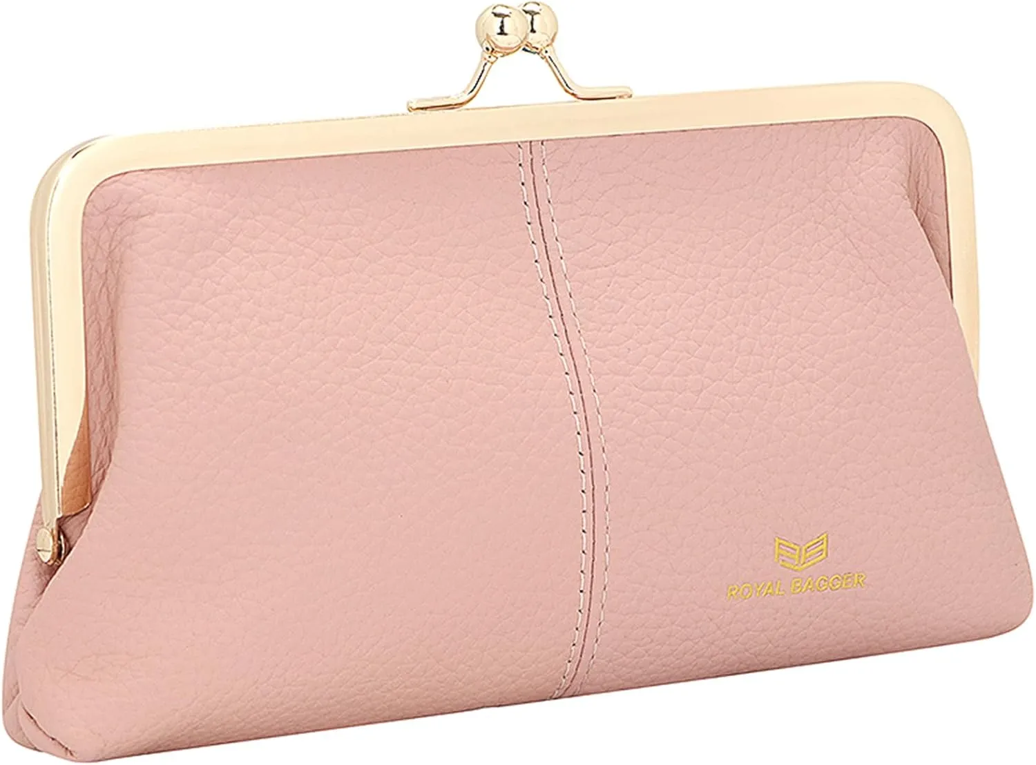 RFID Kiss Lock Wallet, Solid Color Multi-card Slots Card Holder, Genuine Leather Clutch Purses for Women 1468