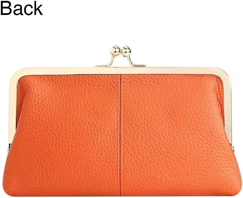 RFID Kiss Lock Wallet, Solid Color Multi-card Slots Card Holder, Genuine Leather Clutch Purses for Women 1468