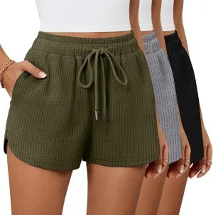 Riyiper 3 Pack Women's Waffle Knit Shorts Cotton Drawstring Lounge Summer Comfy Casual Shorts with Pockets