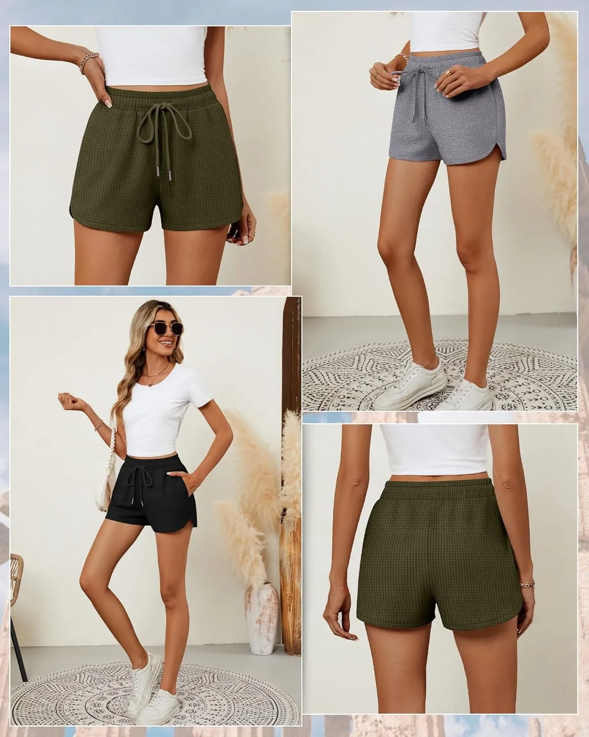 Riyiper 3 Pack Women's Waffle Knit Shorts Cotton Drawstring Lounge Summer Comfy Casual Shorts with Pockets