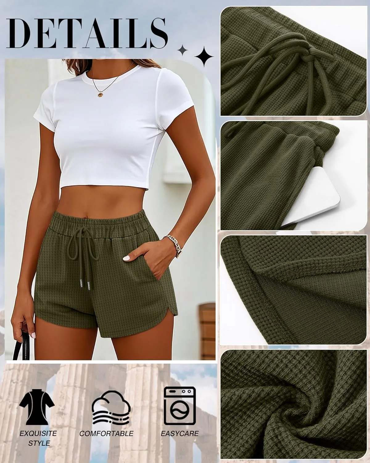 Riyiper 3 Pack Women's Waffle Knit Shorts Cotton Drawstring Lounge Summer Comfy Casual Shorts with Pockets