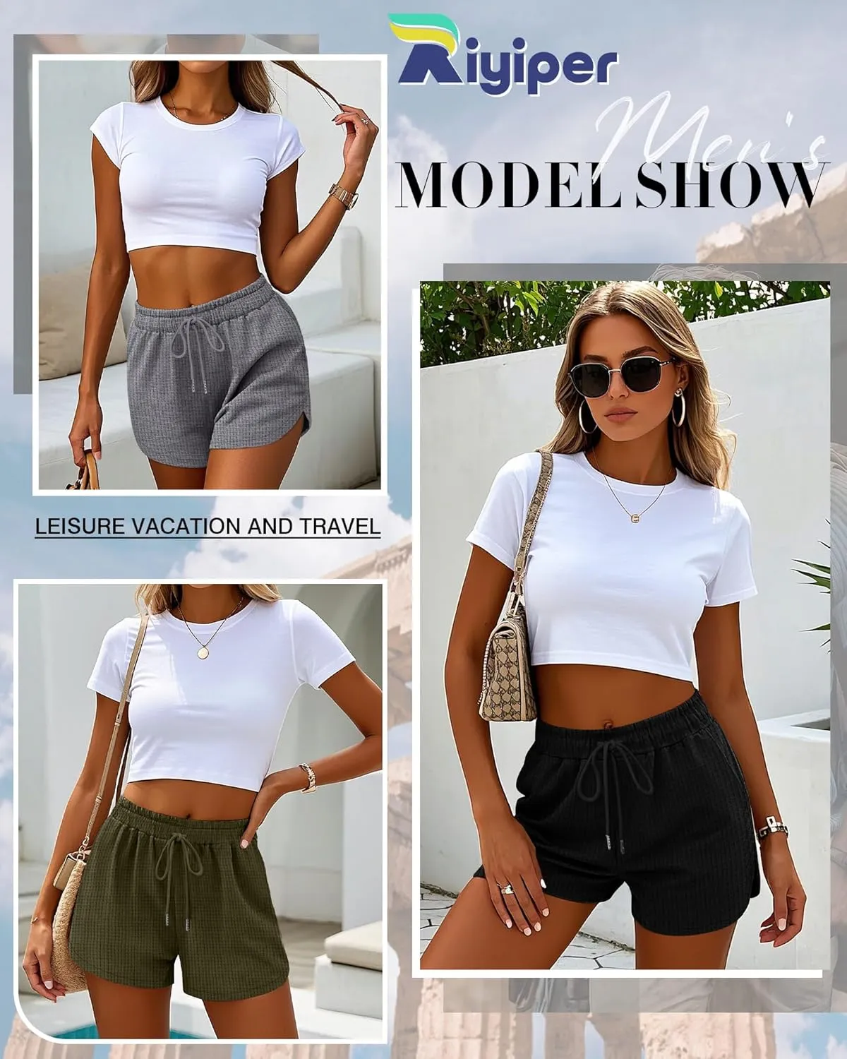 Riyiper 3 Pack Women's Waffle Knit Shorts Cotton Drawstring Lounge Summer Comfy Casual Shorts with Pockets