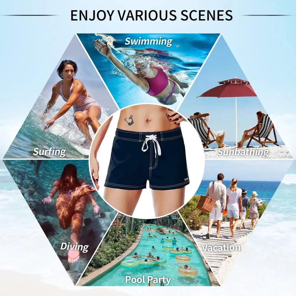 Rocorose Women's Board Shorts Quick Dry Elastic Waist Swim Shorts Surf Swimwear with Pocket and Liner