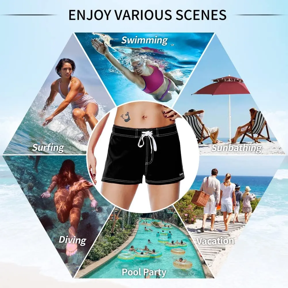 Rocorose Women's Board Shorts Quick Dry Elastic Waist Swim Shorts Surf Swimwear with Pocket and Liner