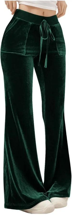 Ruziyoog Velvet Pants for Women Drawstring High Waist Wide Leg Casual Lounge Pant Loose Flowy Trousers with Pockets