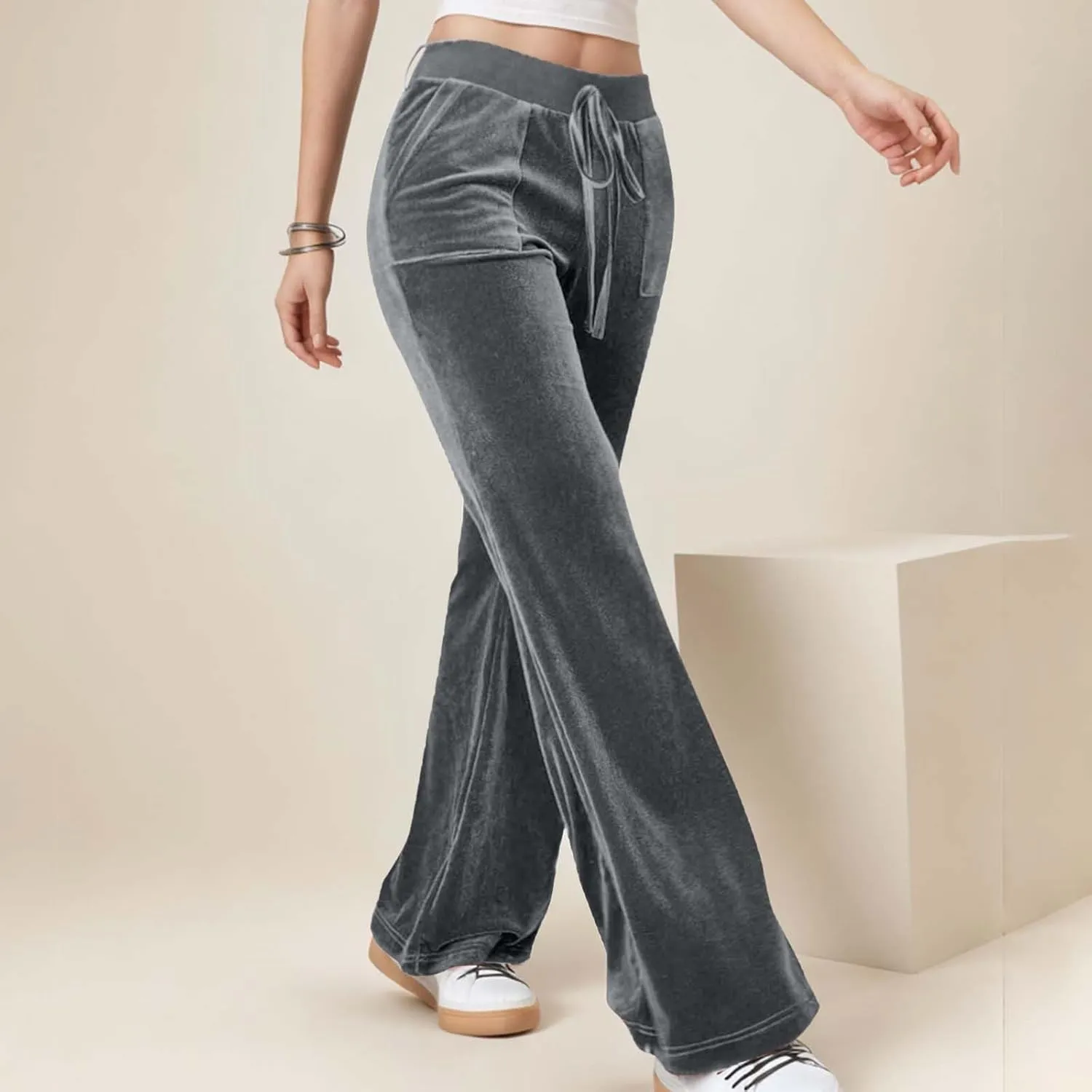 Ruziyoog Velvet Pants for Women Drawstring High Waist Wide Leg Casual Lounge Pant Loose Flowy Trousers with Pockets