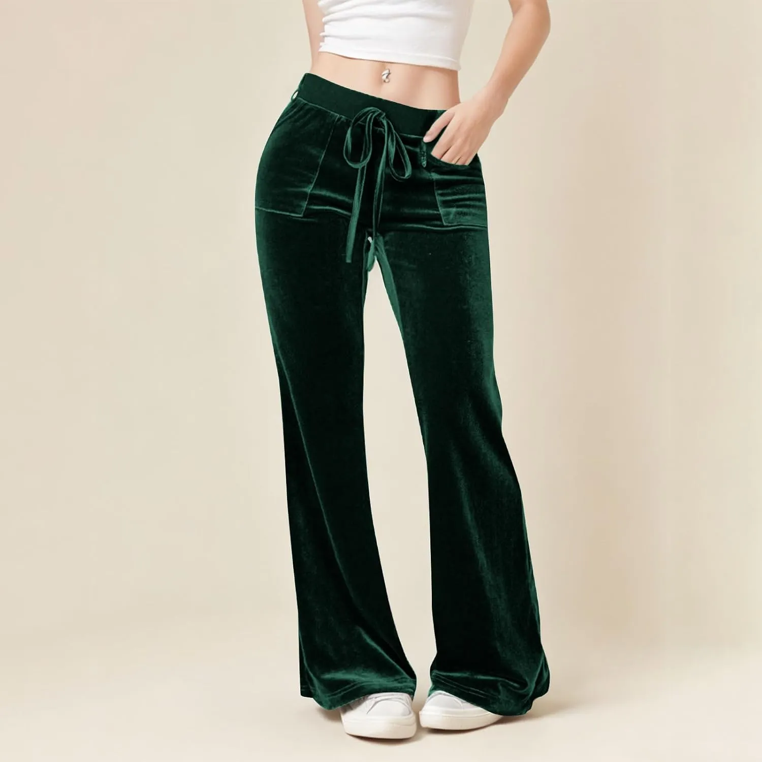 Ruziyoog Velvet Pants for Women Drawstring High Waist Wide Leg Casual Lounge Pant Loose Flowy Trousers with Pockets