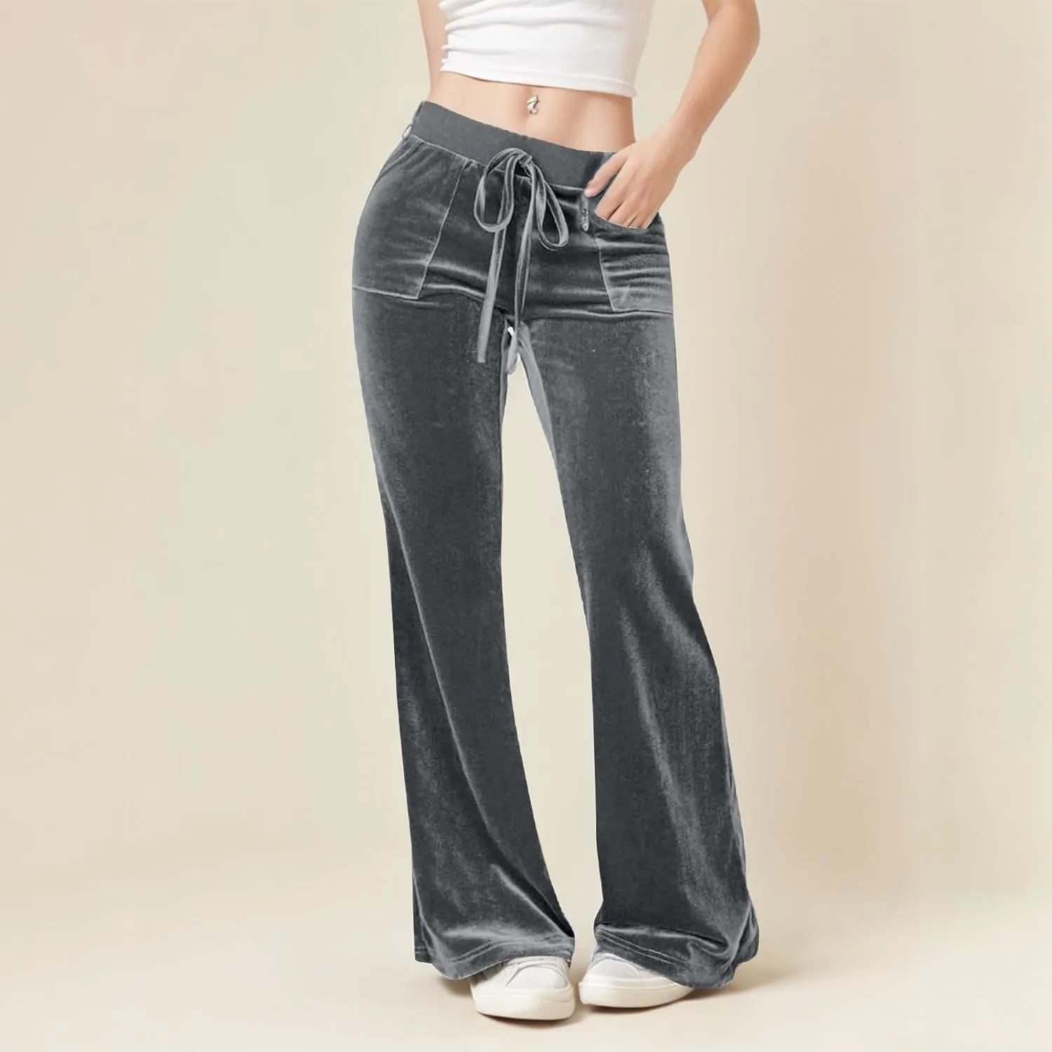 Ruziyoog Velvet Pants for Women Drawstring High Waist Wide Leg Casual Lounge Pant Loose Flowy Trousers with Pockets