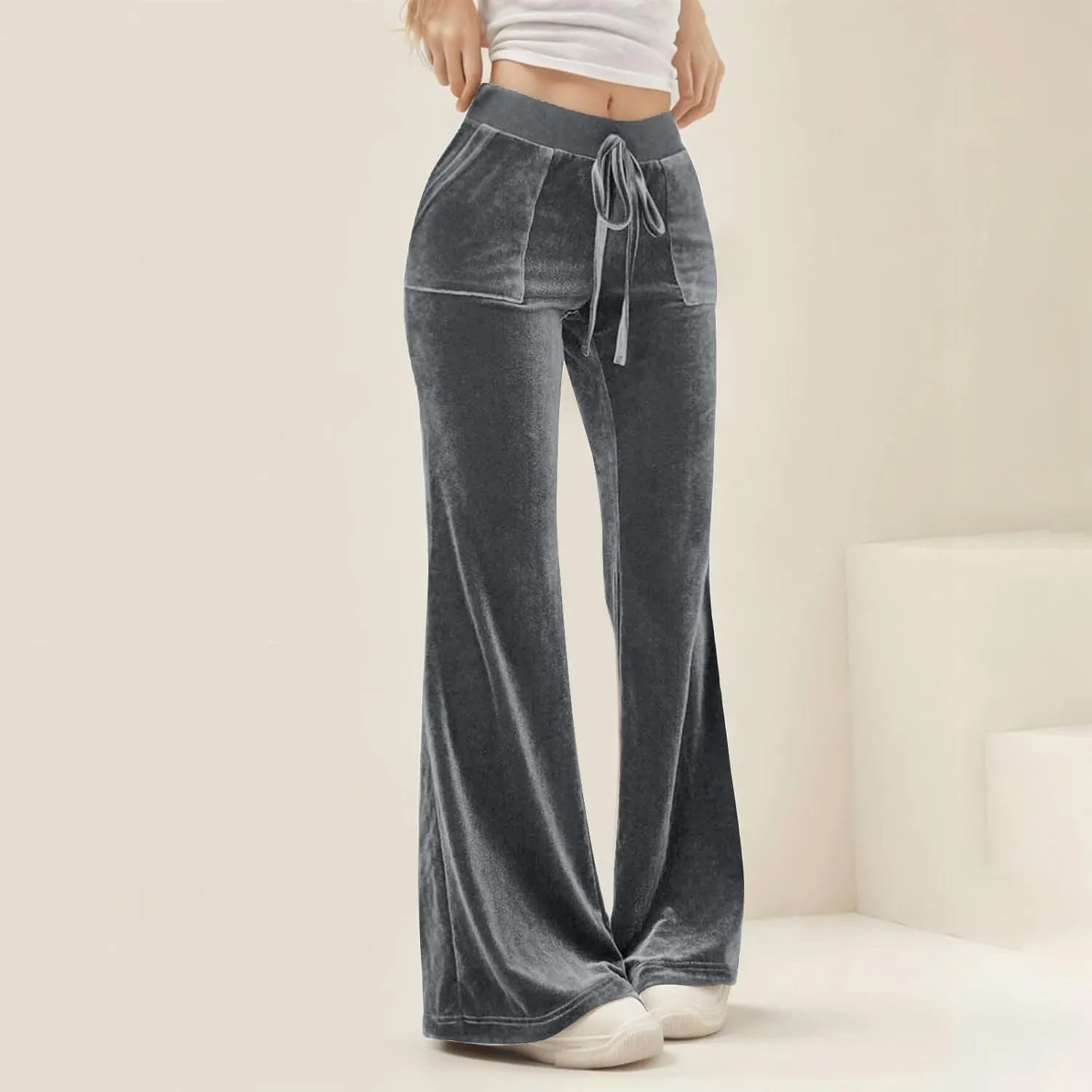 Ruziyoog Velvet Pants for Women Drawstring High Waist Wide Leg Casual Lounge Pant Loose Flowy Trousers with Pockets