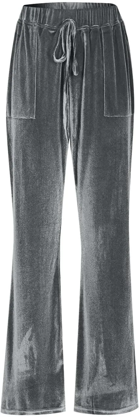 Ruziyoog Velvet Pants for Women Drawstring High Waist Wide Leg Casual Lounge Pant Loose Flowy Trousers with Pockets