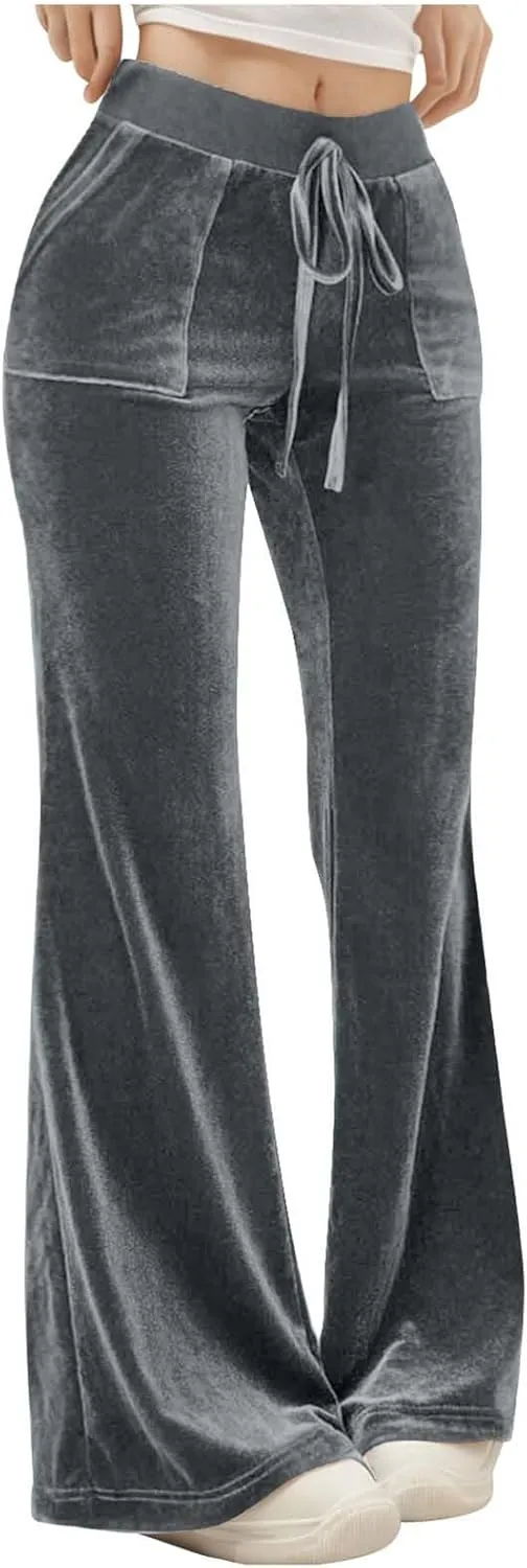 Ruziyoog Velvet Pants for Women Drawstring High Waist Wide Leg Casual Lounge Pant Loose Flowy Trousers with Pockets
